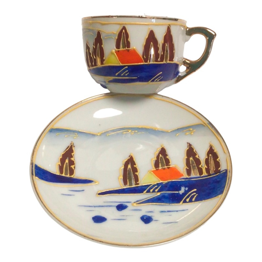 *MINIATURE* Gold Gilded Hand Painted Scenic Tea Cup & Saucer - Made in OCC
